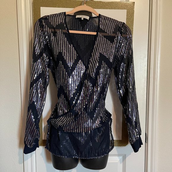 WAYF Blue Sequin Mesh Blouse Size S - Picture 1 of 5